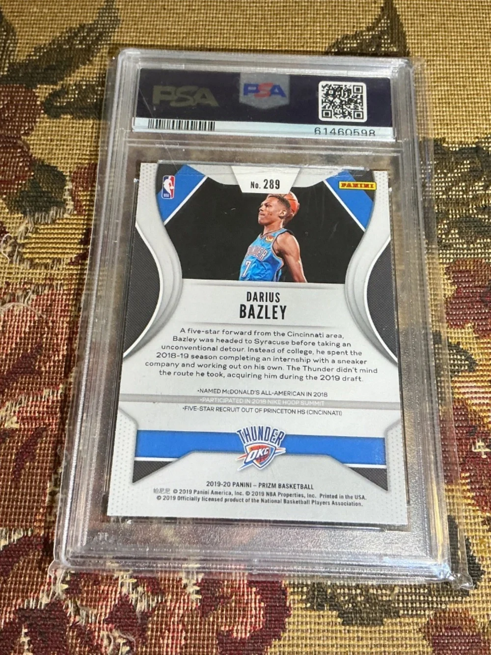 #289 Darius Bazley 2019 Panini Prizm rookie card Graded PSA 10